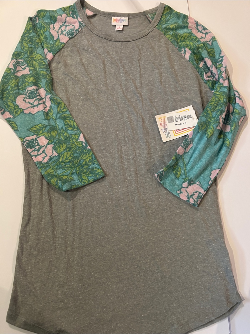 LuLaRoe Gray Baseball Tee with Green Floral Raglan Sleeves & Pink Blooms